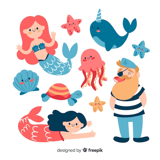 Коллекция рисованной морских персонажей