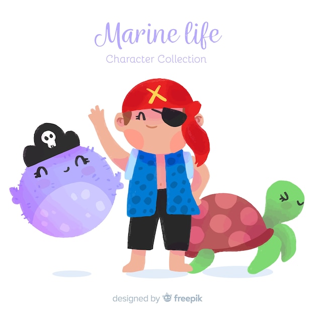 Коллекция рисованной морских персонажей