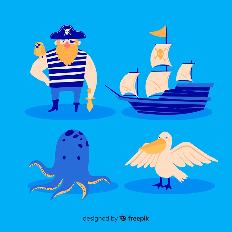 無料Vector 手描きのマリンキャラクターコレクション
