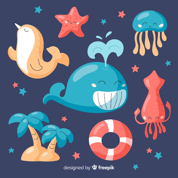 Free vector hand drawn marine life character collection