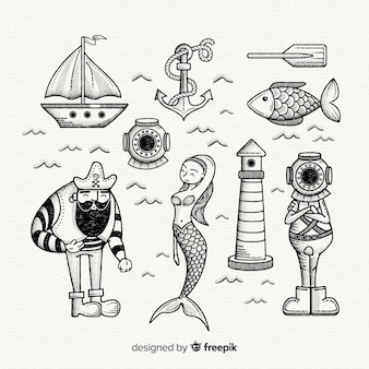 Collezione di personaggi di vita marina disegnata a mano