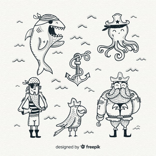 手描きの海洋生物キャラクターコレクション