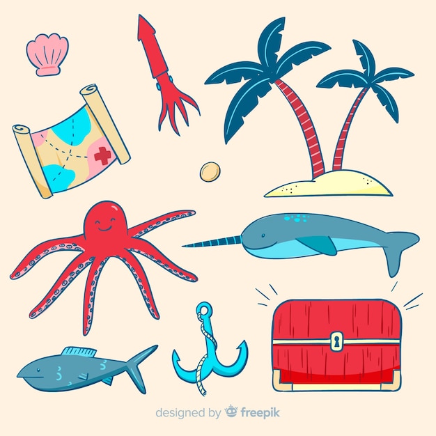 Free vector hand drawn marine life character collection