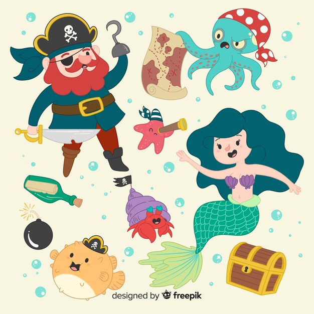 Hand drawn marine life character collection