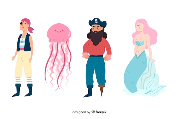 Hand drawn marine life character collection