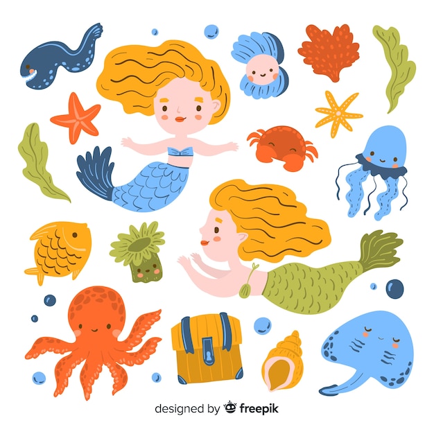 Коллекция рисованной морской жизни персонажей