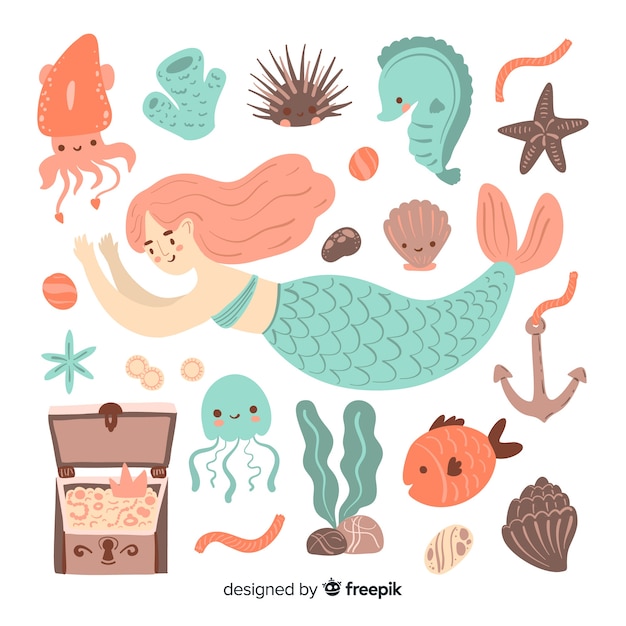 Hand drawn marine life character collection
