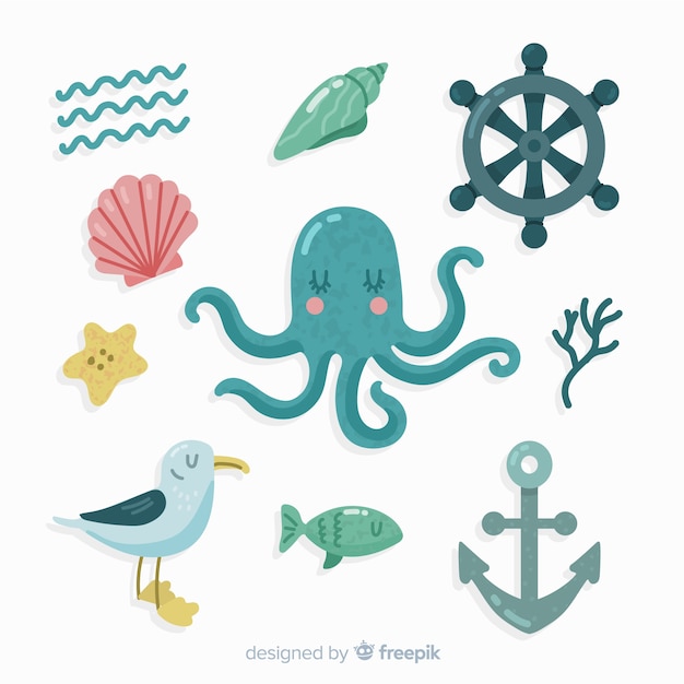 Hand drawn marine life elements pack