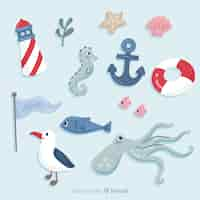 Free vector hand drawn marine life elements pack