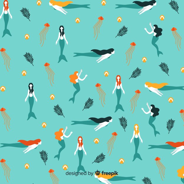 Free vector hand drawn marine pattern with mermaids