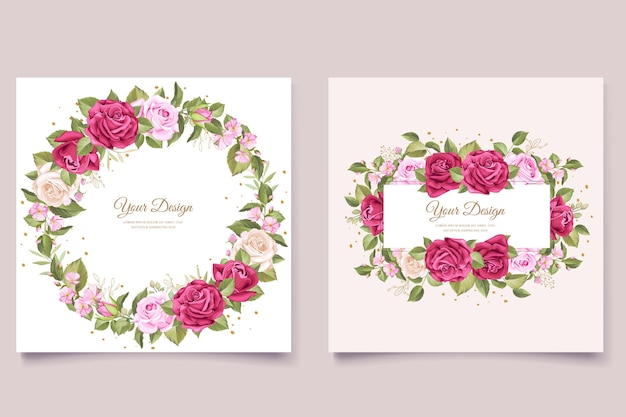 手描きあずき色のバラの結婚式の招待カードセット Premiumベクター