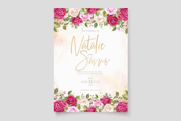 手描きあずき色のバラの結婚式の招待カードセット