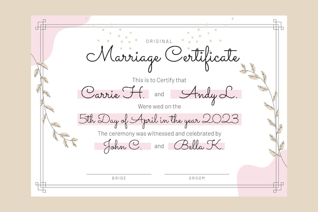 Vettore gratuito modello di certificato di matrimonio disegnato a mano