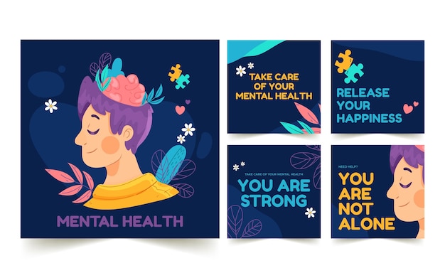 Free vector hand drawn mental health instagram posts collection