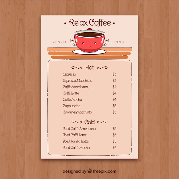 Vettore gratuito menu disegnato a mano per caffè