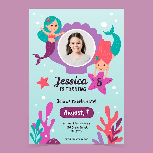 Free vector hand drawn mermaid birthday invitation template with photo