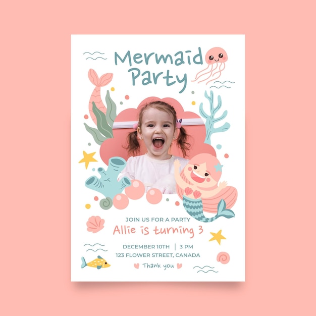 Free vector hand drawn mermaid birthday invitation template with photo