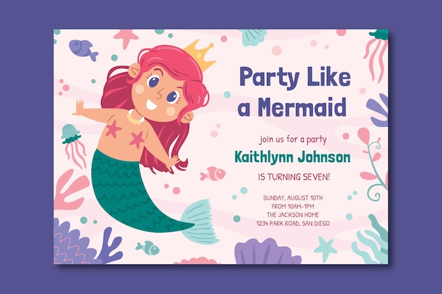 Free vector hand drawn mermaid birthday invitation template