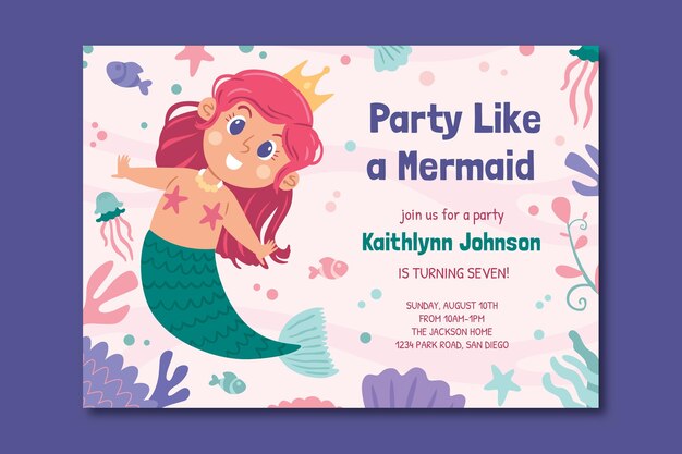 Hand drawn mermaid birthday invitation template