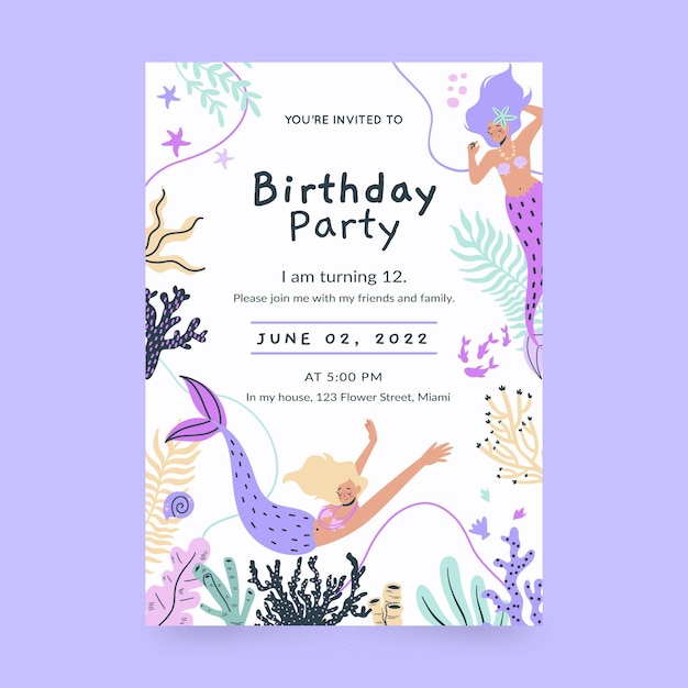 Free vector hand drawn mermaid birthday invitation template