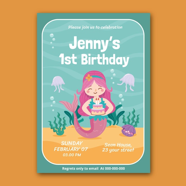 Hand drawn mermaid birthday invitation template