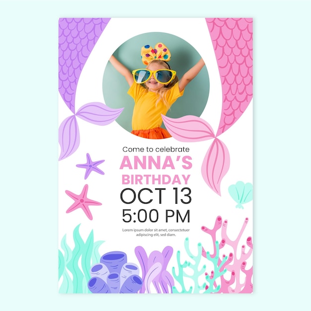 Hand drawn mermaid birthday invitation with photo template