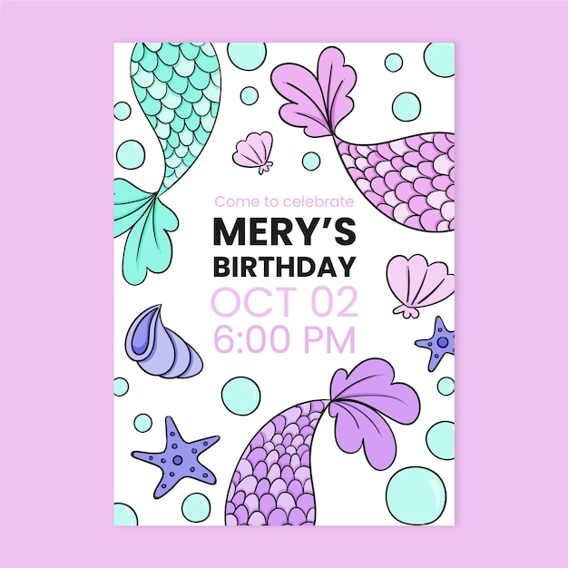 Hand drawn mermaid birthday invitation