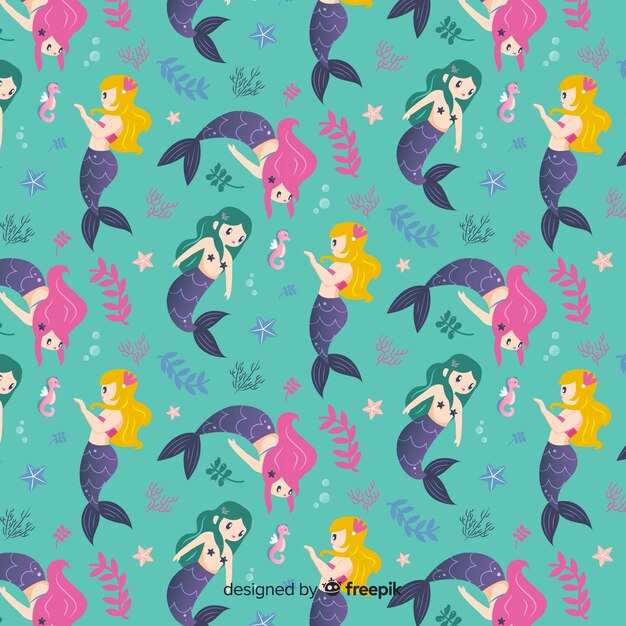 Hand drawn mermaid character pattern