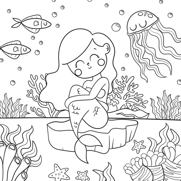 Hand drawn mermaid coloring book illustration