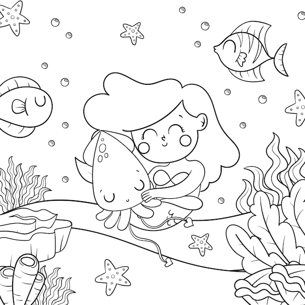 手描き人魚塗り絵イラスト