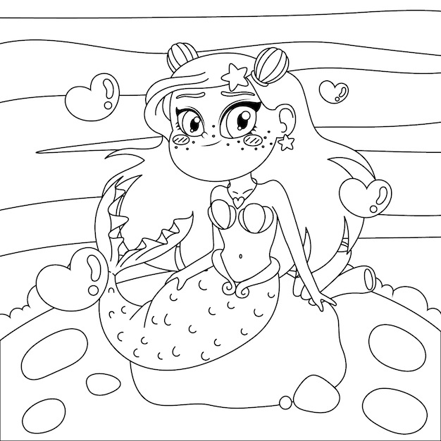 Hand drawn mermaid coloring book illustration