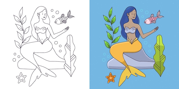 Free vector hand drawn mermaid  coloring book illustration