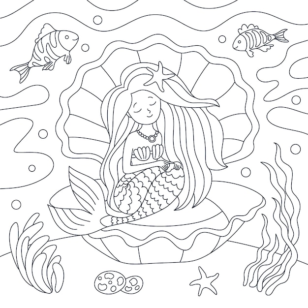 Бесплатное векторное изображение Нарисованная рукой иллюстрация книжки-раскраски русалки