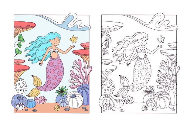 Hand drawn mermaid coloring book illustration