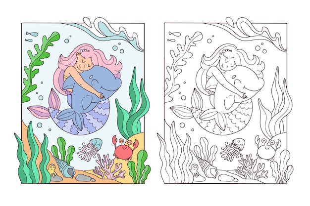 Hand drawn mermaid coloring book illustration