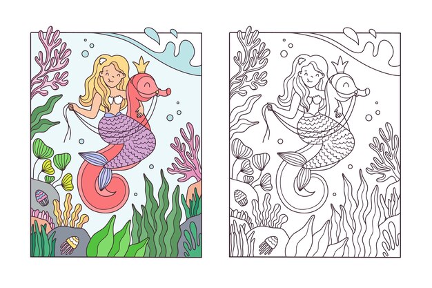 Hand drawn mermaid coloring book illustration