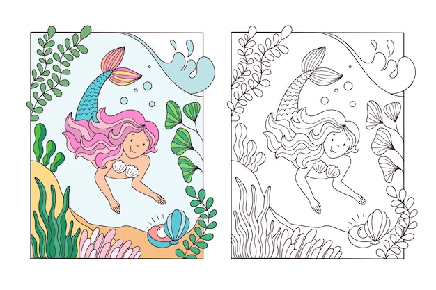 Hand drawn mermaid coloring book illustration