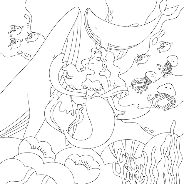 Hand drawn mermaid coloring book illustration