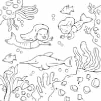 Бесплатное векторное изображение Нарисованная рукой иллюстрация книжки-раскраски русалки