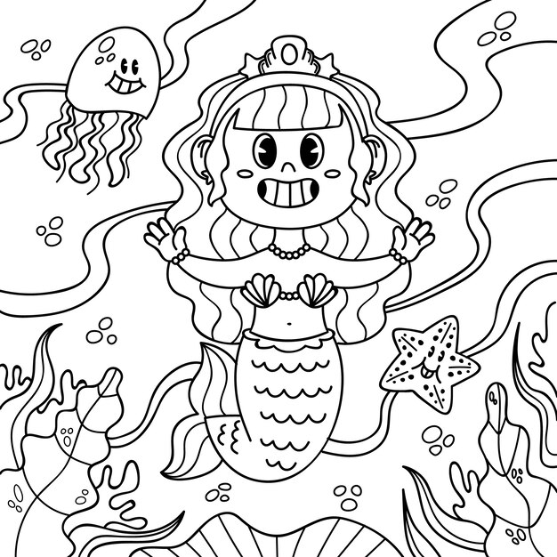 hand drawn mermaid coloring book illustration