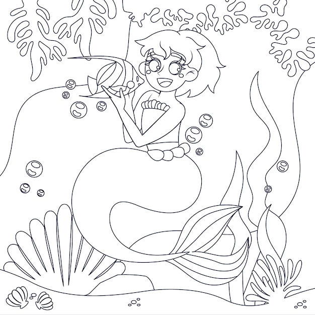 Hand drawn mermaid coloring book illustration