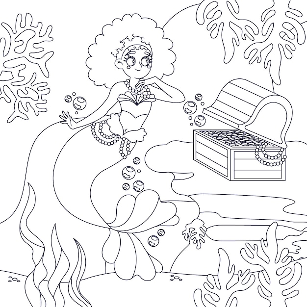Нарисованная рукой иллюстрация книжки-раскраски русалки