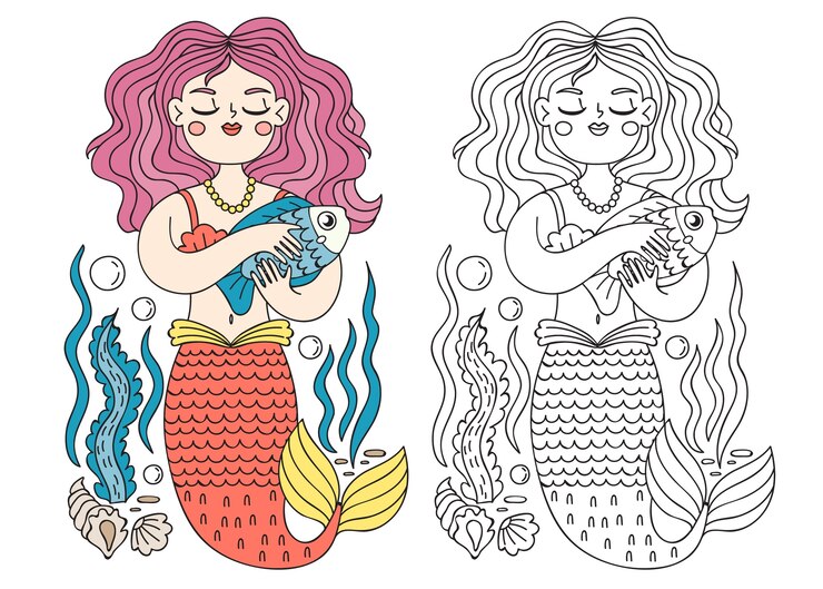 無料Vector 手描き人魚塗り絵イラスト