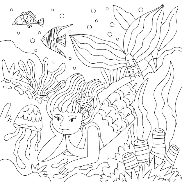 手描き人魚塗り絵イラスト