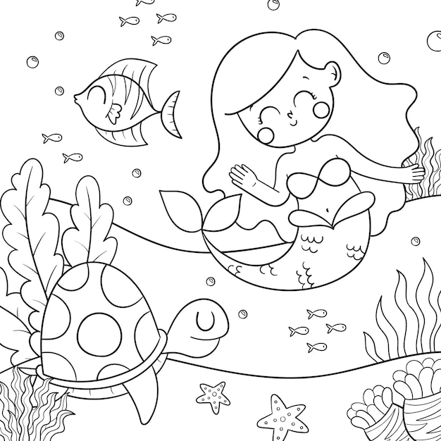 Hand drawn mermaid coloring book illustration