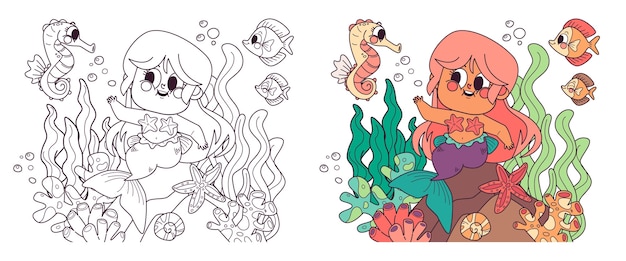 Hand drawn mermaid coloring book illustration