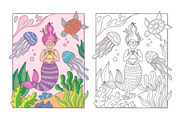 Free Vector  Cute coloring book with mermaid