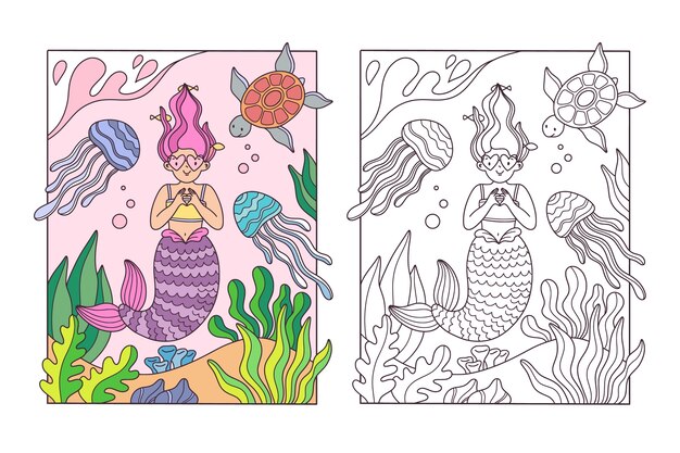 Hand drawn mermaid coloring book illustration