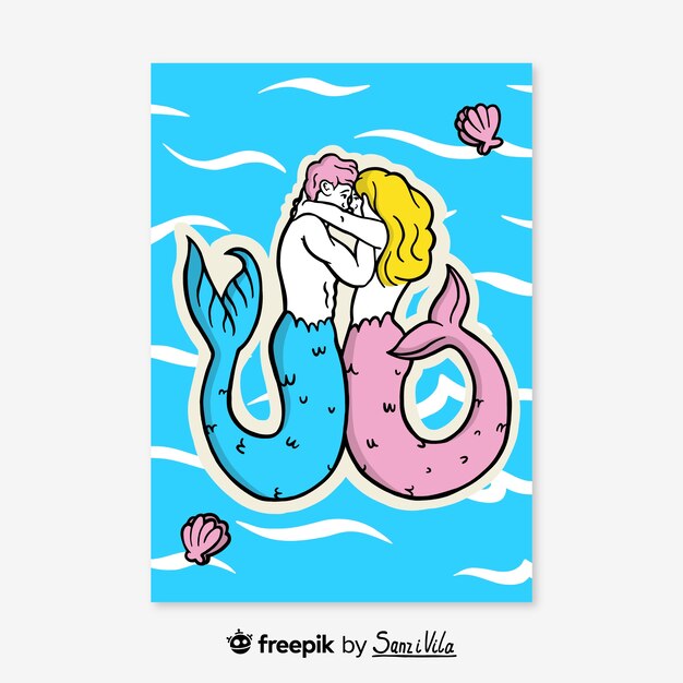 Hand drawn mermaid love illustration