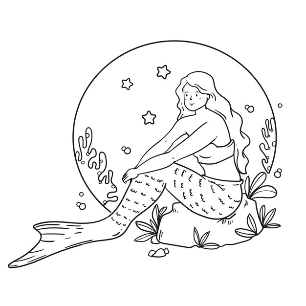 Hand drawn mermaid outline illustration